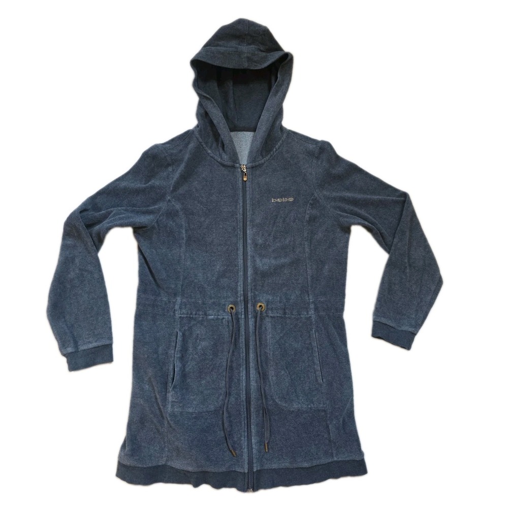 VTG Bebe Y2K Heather Grey L Velour Longline Drawstring Zip Hoodie/Dress Jacket